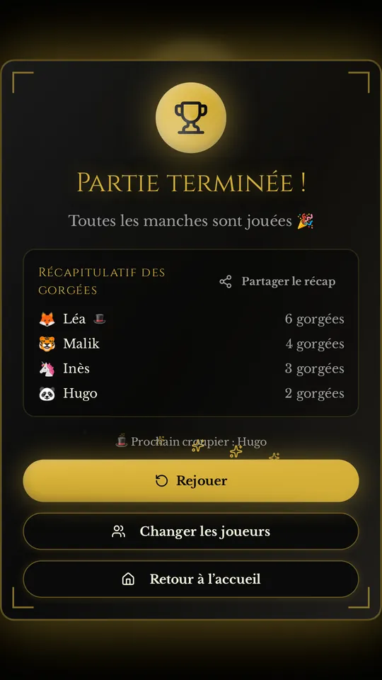 End-of-game screen: each player's sips summary, ready to share, with the Play again and Change players buttons.