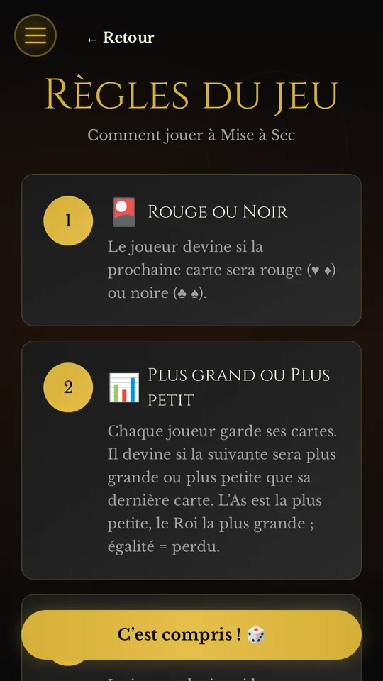 Game rules screen: Red or Black, then Higher or Lower, explained step by step.